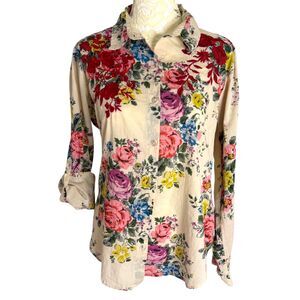 Chic Connection Rose Embroidered Button Front Blouse Shirt Top Floral S